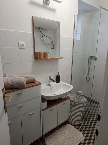 a bathroom with a sink and a shower with a mirror at Tornác Vendégház in Diszel