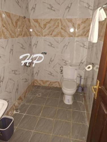un baño con inodoro y lavabo en Hôtel Les Pyramides, en Yaoundé