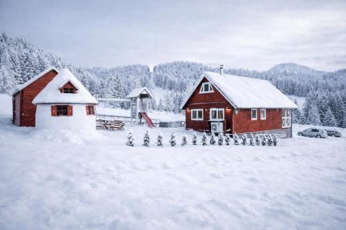 een huis en een schuur bedekt met sneeuw bij Arctic House in Dolný Kubín