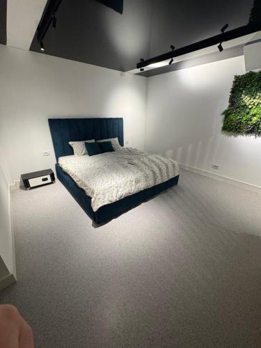 een slaapkamer met een bed en een schilderij aan de muur bij LVO Apartments in Bîrlad