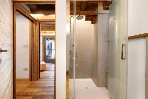 een douche in een badkamer met een glazen deur bij Chalet Brenand in Rhêmes-Notre-Dame