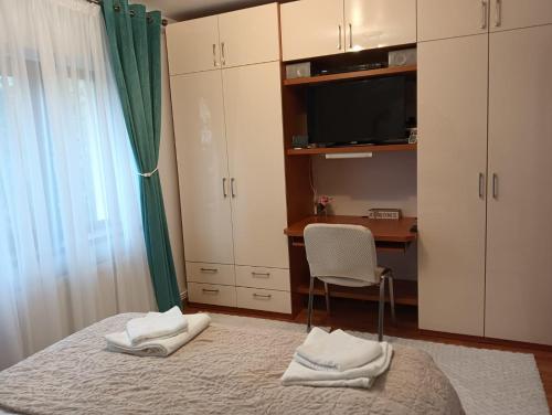 a bedroom with a bed and a desk and a television at La Montzi For4 in Craiova