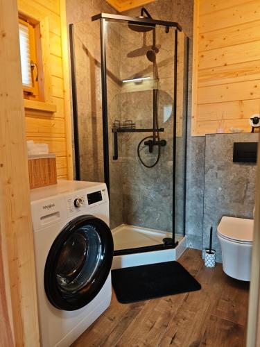 a washing machine in a bathroom with a shower at Domek z Sercem in Pieniążkowice