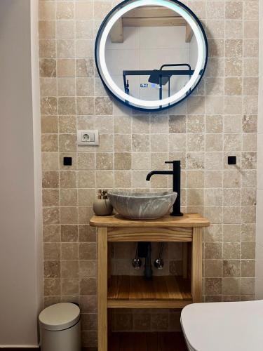a bathroom with a sink and a mirror on the wall at Chalet De Paul in Moisei
