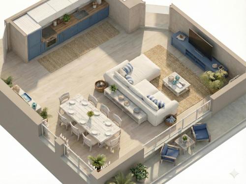 een weergave van een woonkamer en eetkamer bij M'illumino d'immenso - MONEGLIA APARTMENTS in Moneglia