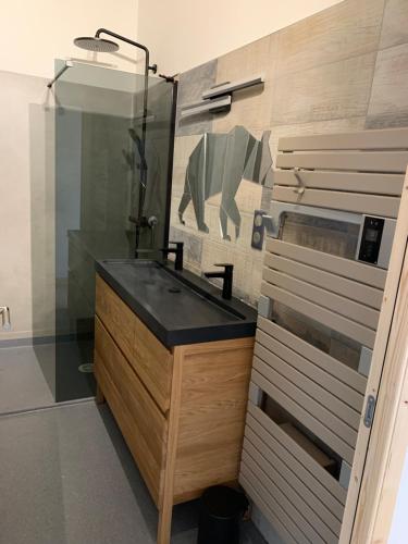 a bathroom with a sink with a picture of a rhino on the wall at L'Ail des Ours in Les Estables