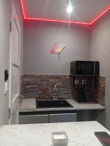 - une cuisine avec un évier et un mur en briques dans l'établissement les cités romance le Tokyo, à Carcassonne