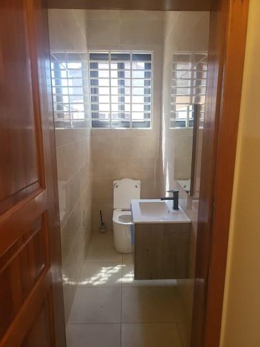 a bathroom with a toilet and a sink and a mirror at Property for rent in Accra