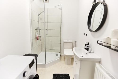 a bathroom with a shower and a toilet and a sink at Park & Town Apartment in Drawsko Pomorskie