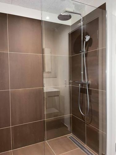 a shower with a glass door in a bathroom at Hotel og Restaurant Havbadet in Thisted