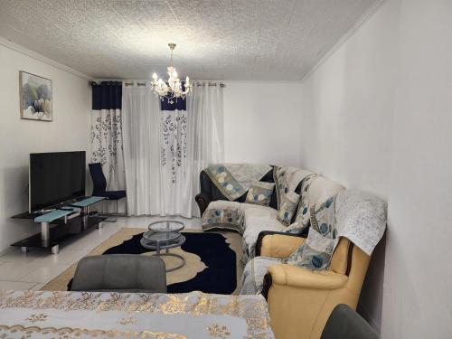 un salon avec un canapé et une télévision dans l'établissement Bright apartment 1 to 3 bedrooms, à Besançon