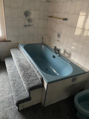 een badkamer met een blauw bad en een toilet bij Mickys Bed and Breakfast in Ramsgate