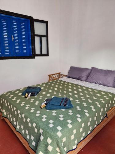 ein Schlafzimmer mit einem Bett mit einer grünen und weißen Decke in der Unterkunft le grand atlas in Mirleft