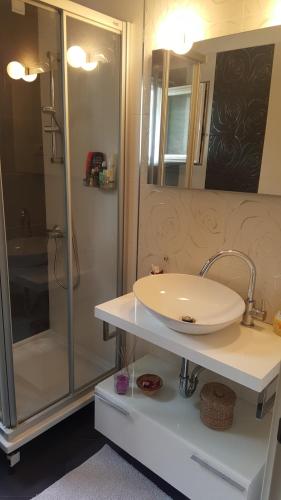 een badkamer met een wastafel en een douche bij Holiday House Altea in Banjole