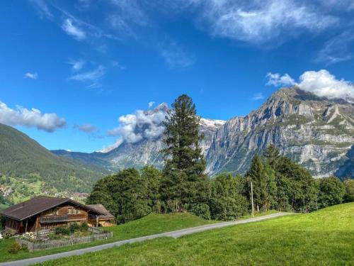 a house on a hill with a mountain in the background at Holiday Home Chalet Simeli by Interhome in Grindelwald