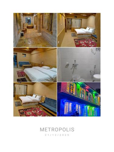a collage of four photos of a hotel room at Nandi Roop Homestay in Panuānaula