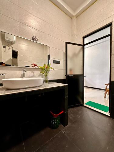 a bathroom with a sink and a large mirror at The Regent Villa in Unawatuna