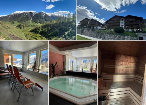 een collage van foto's van een huis met zwembad bij Cozy Studio with Wellness in Goms in Blitzingen