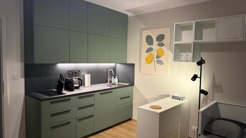 een keuken met groene kasten en een spoelbak bij NEW STYLISH APARTMENT Varta Alpha 2025 & Parking in Praag