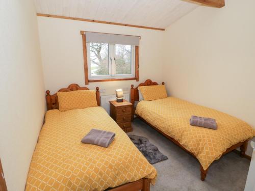 two twin beds in a room with a window at Cedar Lodge in Rugeley
