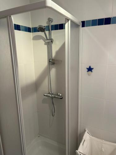 a shower with a glass door in a bathroom at Residence Rodin in Nieuwpoort