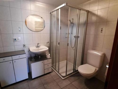 a bathroom with a shower and a toilet and a sink at Apartment Angenweg 2 by Interhome in Entlebuch