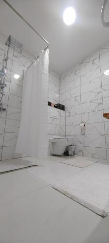 een witte badkamer met een bad en een toilet bij vila Damascena in Pirot