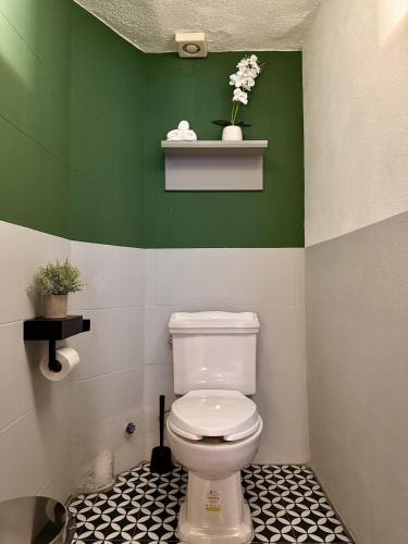 a bathroom with a white toilet in a green wall at Vista Única a la Catedral desde tu Balcón Privado in Puebla