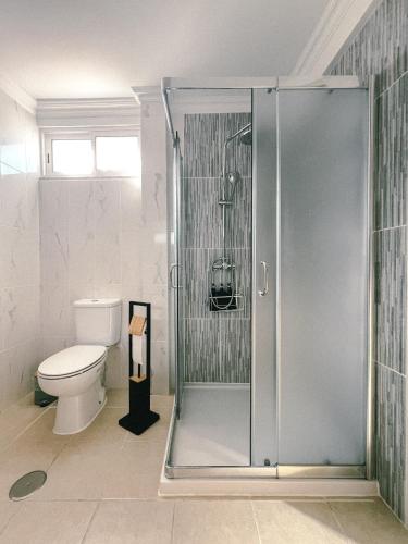 a bathroom with a shower and a toilet at Cantinho de Belmonte in Belmonte
