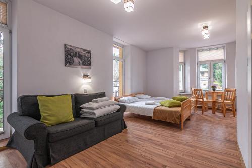 ein Wohnzimmer mit einem Bett und einer Couch in der Unterkunft HUZAR in Krynica-Zdrój