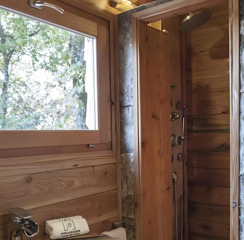 ein Badezimmer mit Holzvertäfelung, Fenster und Toilette in der Unterkunft Bois Des Nauzes in Seyches