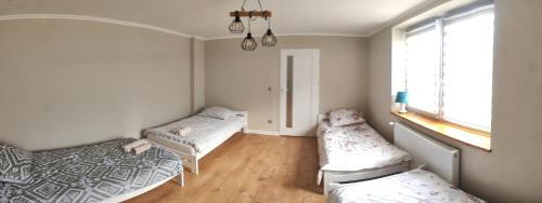 ein Schlafzimmer mit zwei Betten und einem Fenster in der Unterkunft Pod Orzechem Włoskim in Mieleszyn