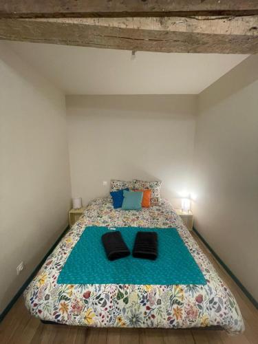 een slaapkamer met een bed met twee zwarte slippers erop bij Le Figuier - Studio de Charme in Lavaur