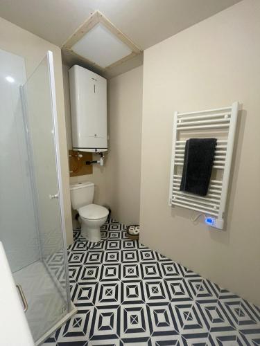 een badkamer met een toilet en een zwart-witte tegelvloer bij Le Figuier - Studio de Charme in Lavaur