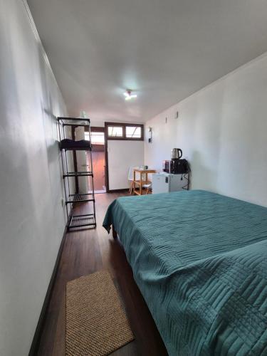 een slaapkamer met een groen bed en een ladder bij Ironhause in Pucón