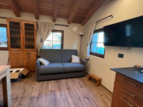 een woonkamer met een bank en een flatscreen-tv bij La Boschera in Champoluc