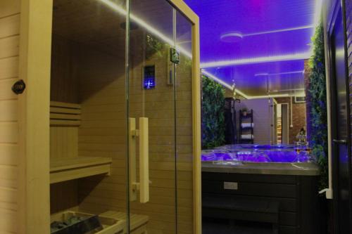een badkamer met een douche met paarse verlichting bij Villa Sisman-Spa Villa in Donji Zemunik