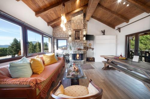 un soggiorno con divano e camino di Villa Dianne - Your Home in Mount Parnassos ad Aráchova