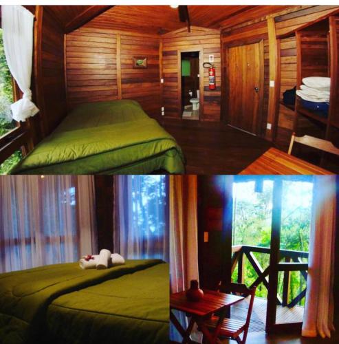 a bedroom and a bedroom with a bed and a table at Refugioecolodge in Nova Friburgo