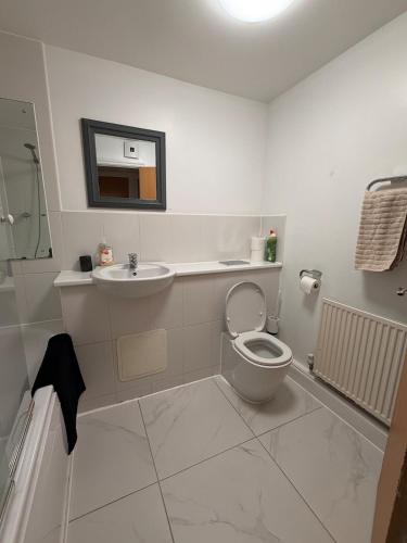 a white bathroom with a toilet and a sink at 2 Bedroom Ground Floor Flat with Kitchen & Parking in Uxbridge