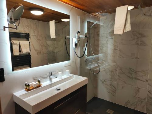 a bathroom with a sink and a shower at Aiguille du Midi - Hôtel & Restaurant in Chamonix-Mont-Blanc