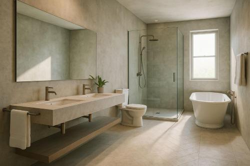 een badkamer met een wastafel, een bad en een toilet bij Derganda VL in Fier