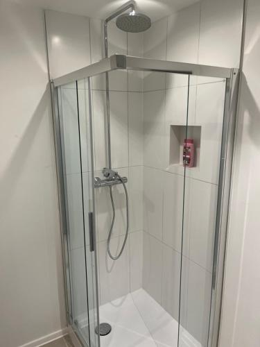 a bathroom with a shower with a glass door at 4-Bett-Appartement am Golfplatz in Grassau