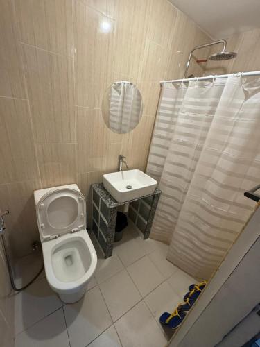 a bathroom with a toilet and a sink at Denzel's Cosy Inn in San Juan