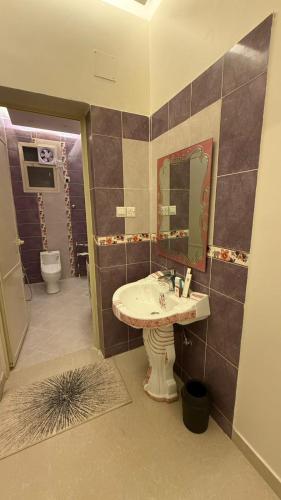a bathroom with a sink and a mirror and a toilet at شقة بطابع أنيق in Al Kharj