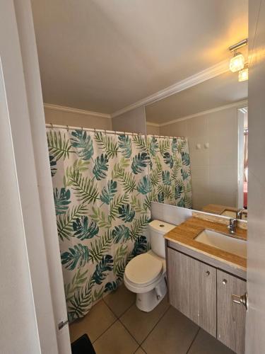 a bathroom with a toilet and a sink at Departamento entero doble iquique in Iquique