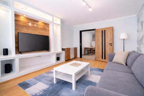 een woonkamer met een bank en een tv bij Comfort 66 Large Family City Home in Miskolc