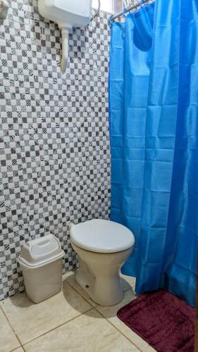 een badkamer met een toilet en een blauw douchegordijn bij Diana hotel 1 in Capitán Miranda