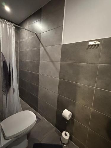 a bathroom with a toilet and a tiled wall at Apartament Pod Kukułką in Kłodzko