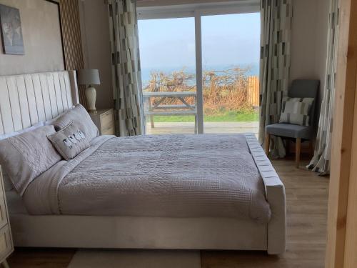 una camera da letto con un letto grande e una grande finestra di Pant Glas a Cardigan